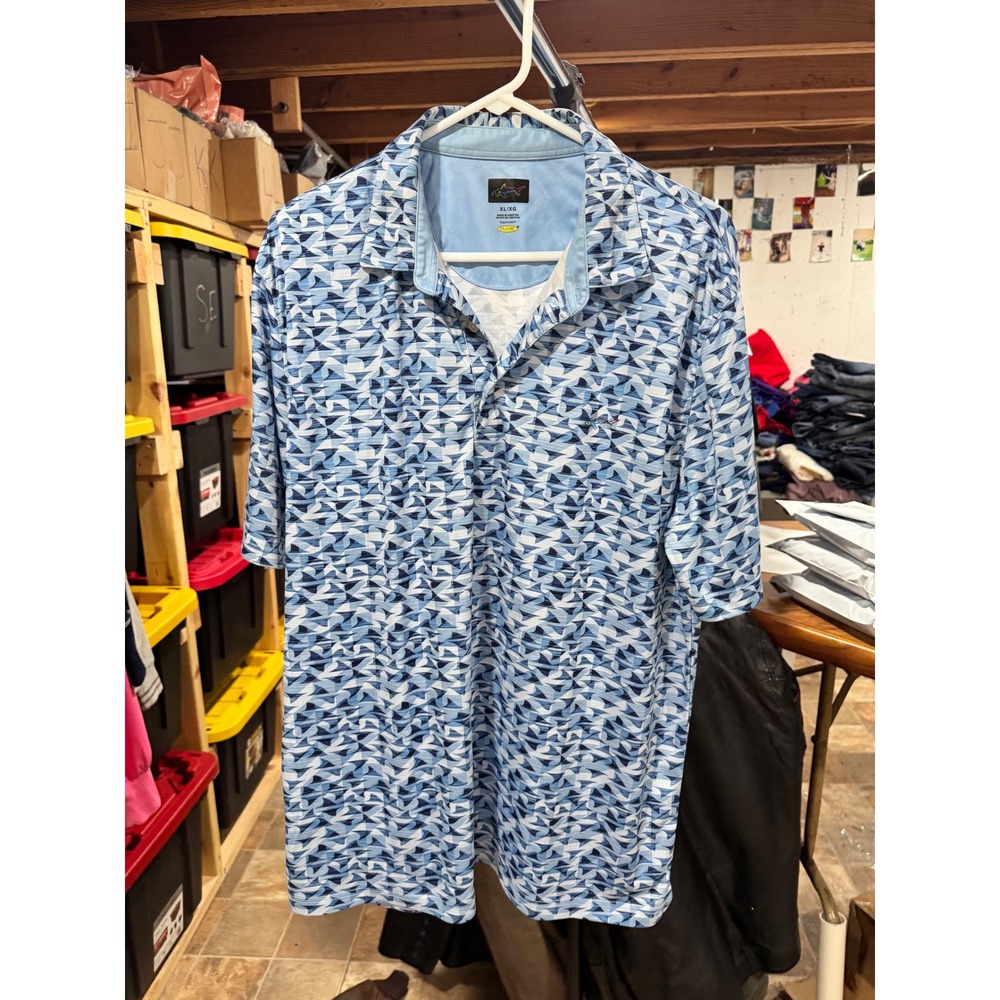 Greg Norman Play Dry Mens XL Blue Geometric Abstract Print Golf Polo Shirt Shark